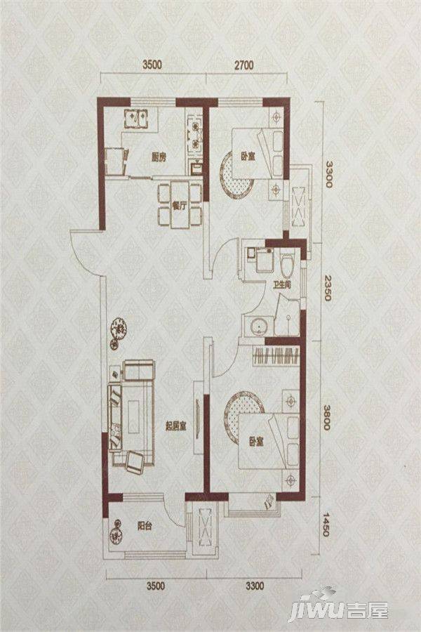 玺悦峰2室2厅1卫90㎡户型图