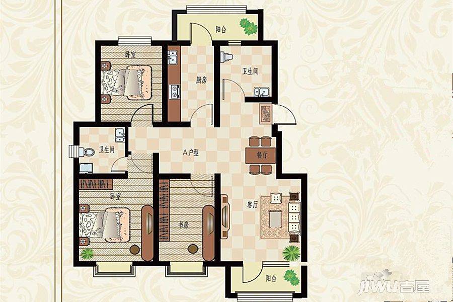 合盛嘉园3室2厅2卫129.6㎡户型图