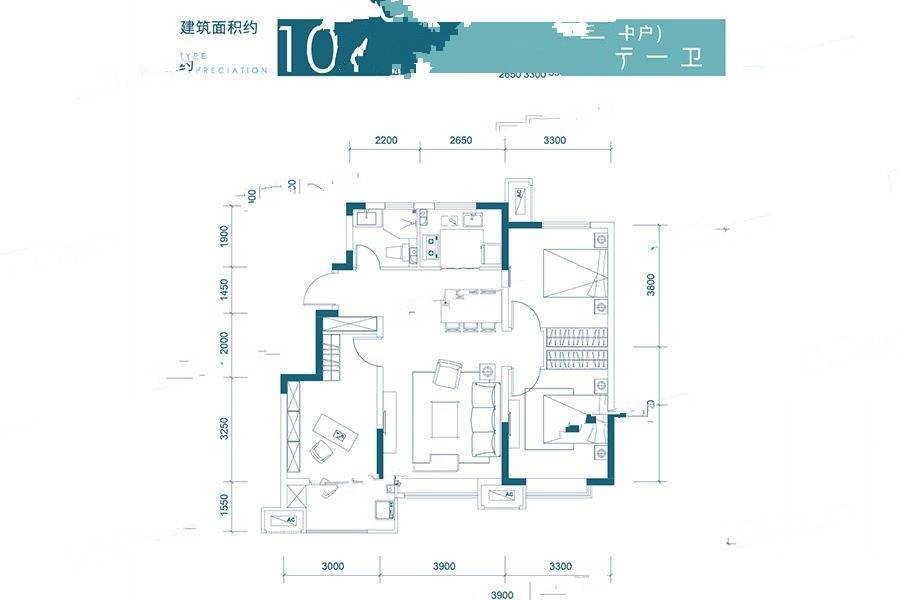 中建城3室2厅1卫102㎡户型图