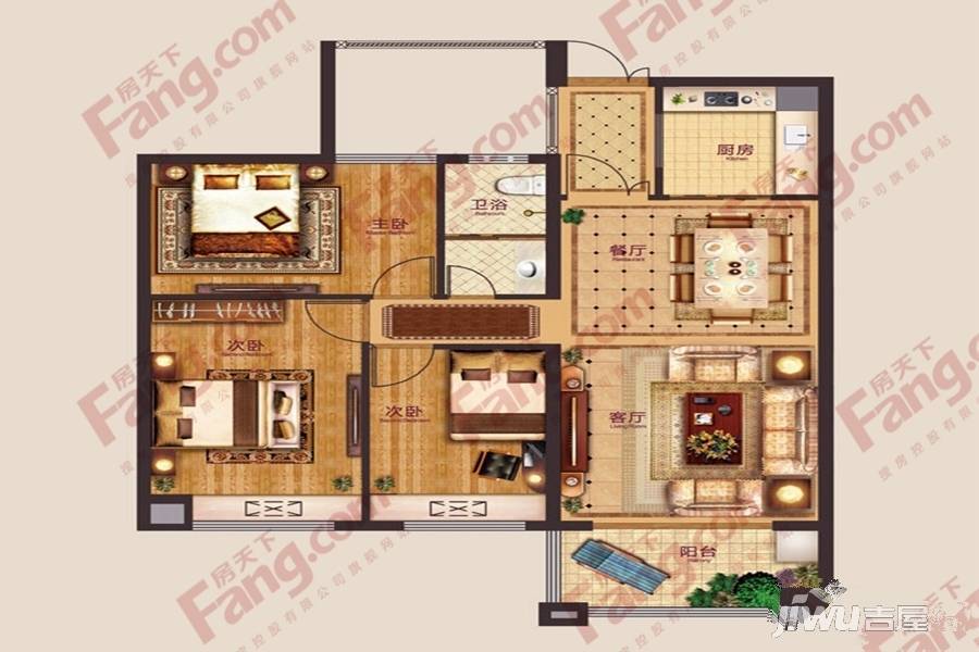 东方御府3室2厅1卫115㎡户型图