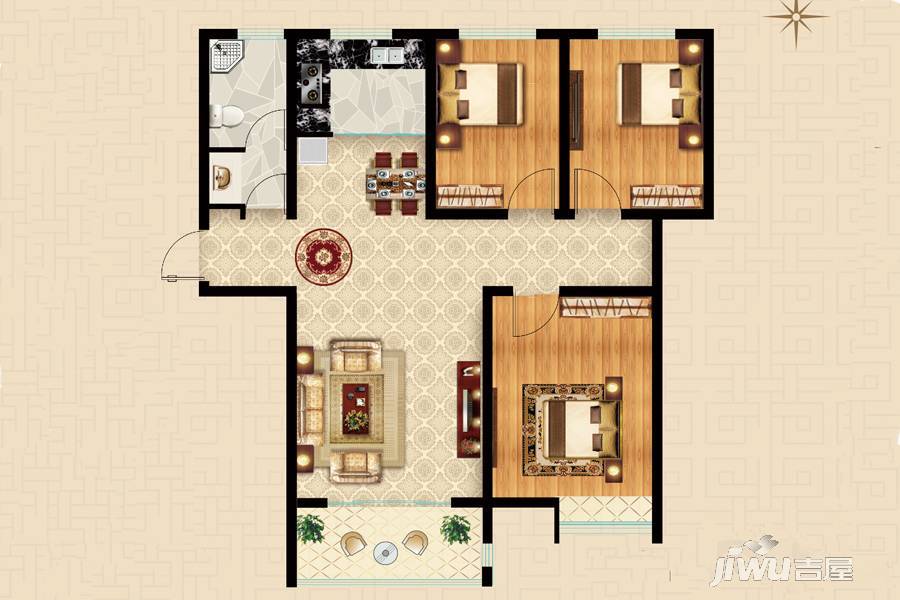 冠鲁明德华府3室2厅1卫108㎡户型图