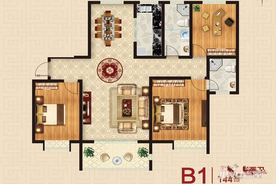 冠鲁明德华府3室2厅2卫144㎡户型图