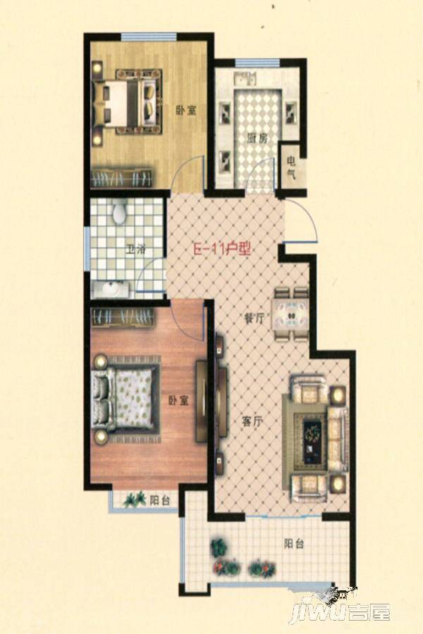 文庭雅苑2室2厅1卫88.5㎡户型图