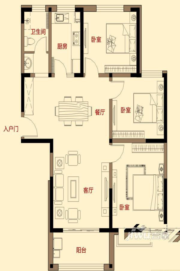 南池御都3室2厅1卫126.5㎡户型图