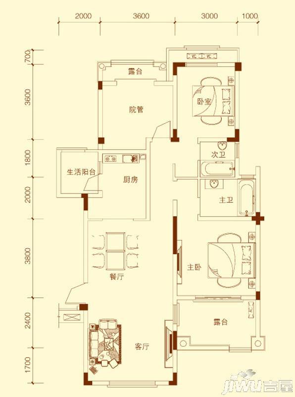 金科天湖小镇3室2厅2卫105㎡户型图