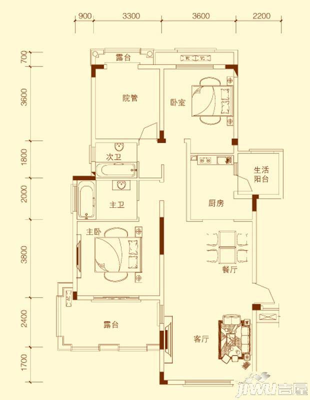 金科天湖小镇3室2厅2卫114㎡户型图