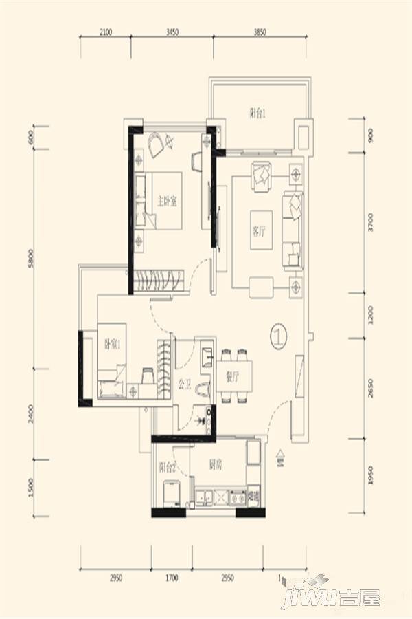 海伦春天2室2厅1卫68㎡户型图