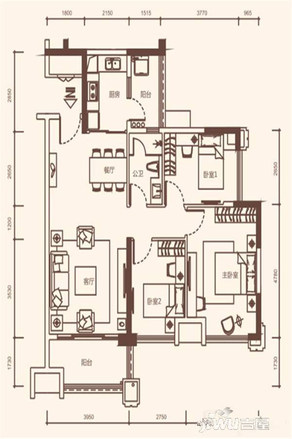 海伦春天3室2厅2卫97㎡户型图