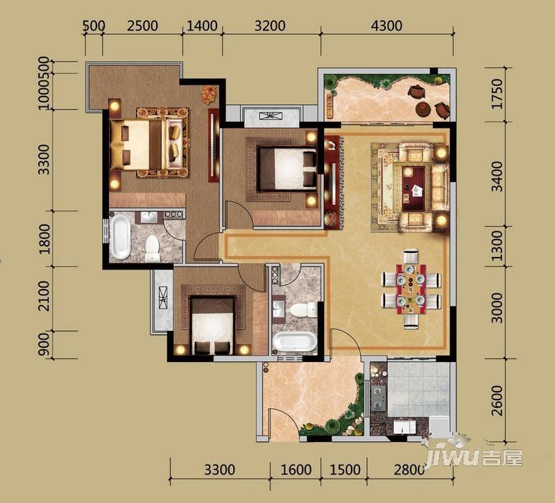 朝南维港半岛3室2厅2卫129.5㎡户型图