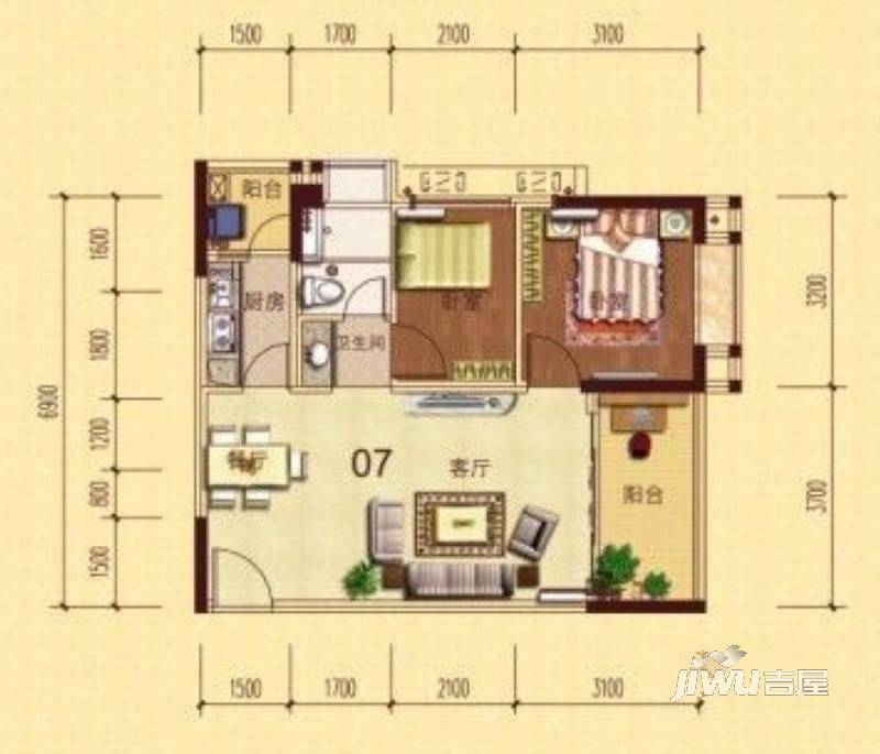 金世纪豪园2室2厅1卫67㎡户型图