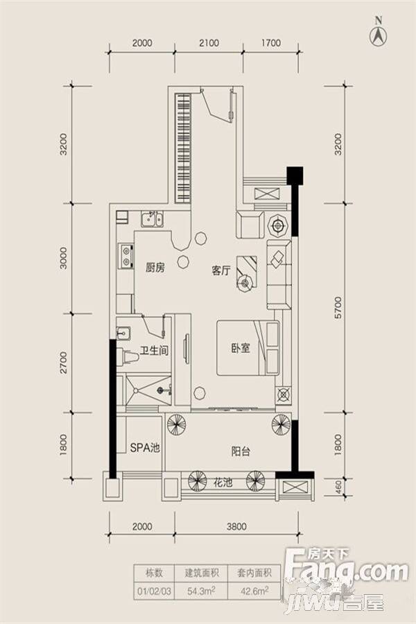 佛冈奥园温泉别墅1室1厅1卫54㎡户型图