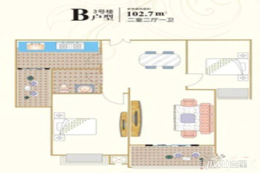 豪润公园天下2室2厅1卫102.7㎡户型图