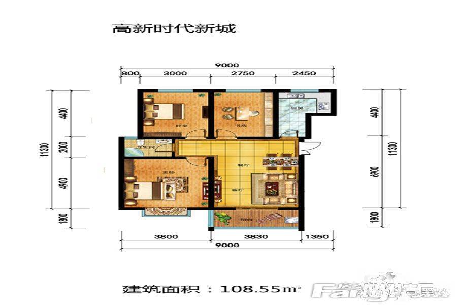 高新时代新城3室2厅1卫108.5㎡户型图