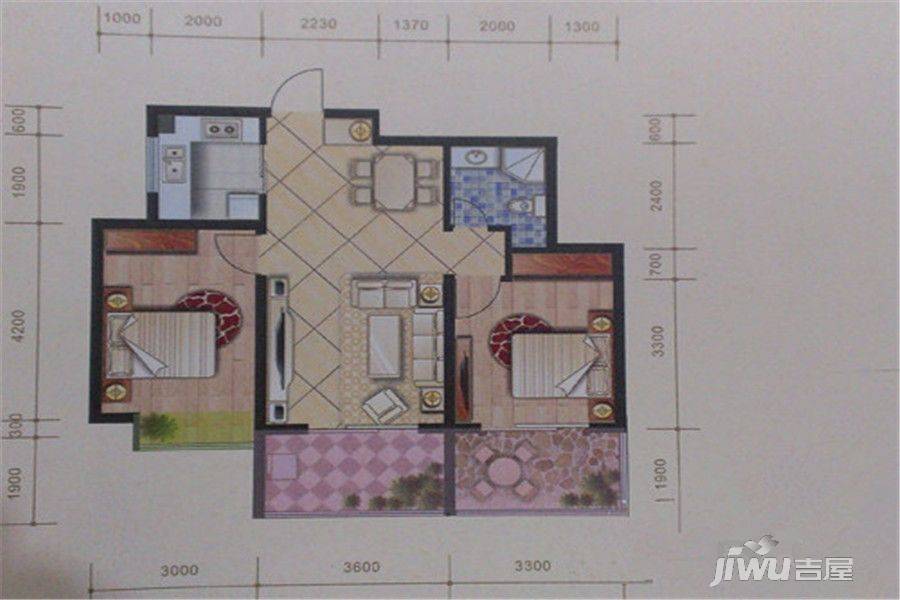 蒲城公园天下2室2厅1卫86㎡户型图