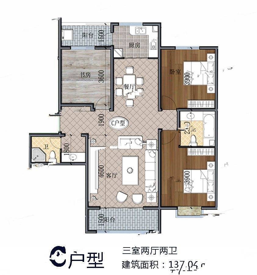 美林郡3室2厅2卫137㎡户型图