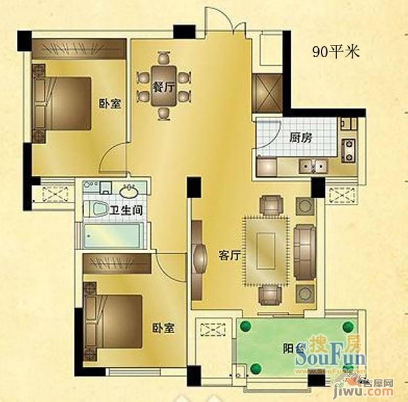 罗马风情城2室2厅1卫90㎡户型图