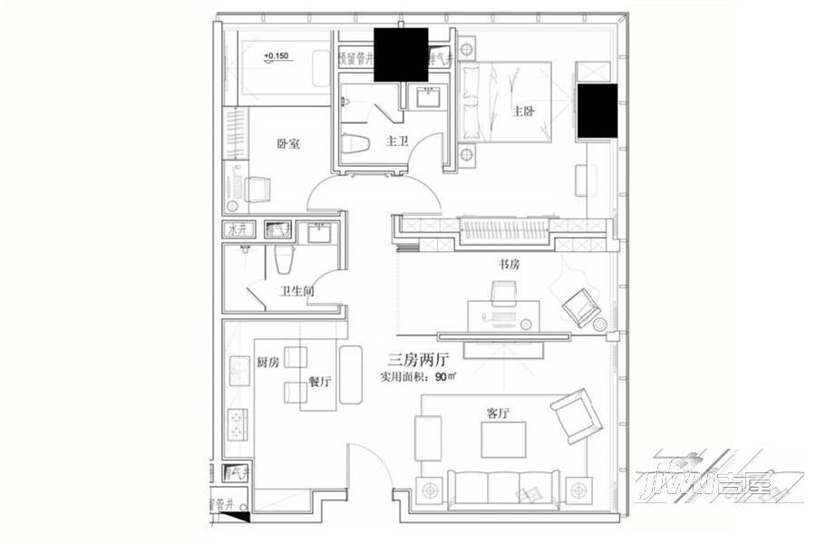 宏鼎云璟汇3室2厅2卫90㎡户型图