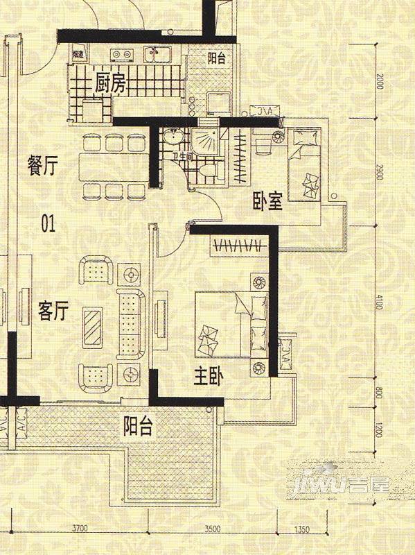 龙津华府2室2厅1卫96㎡户型图