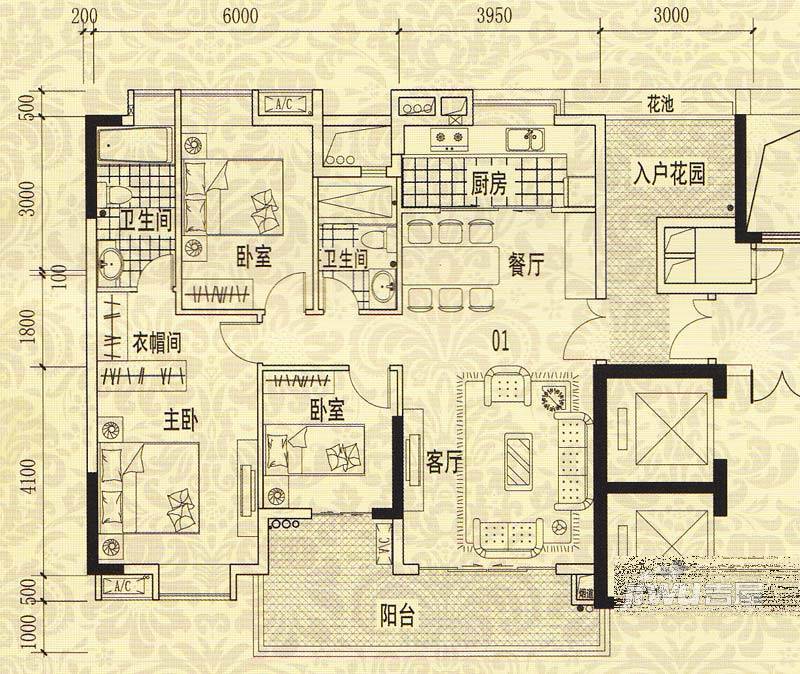 龙津华府3室2厅2卫123.8㎡户型图