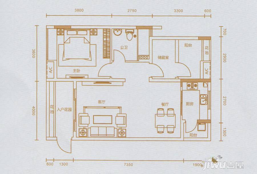 荔山雅筑2室2厅1卫75㎡户型图