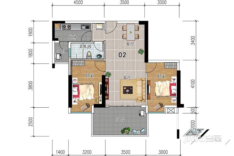 富丽居2室2厅1卫87㎡户型图