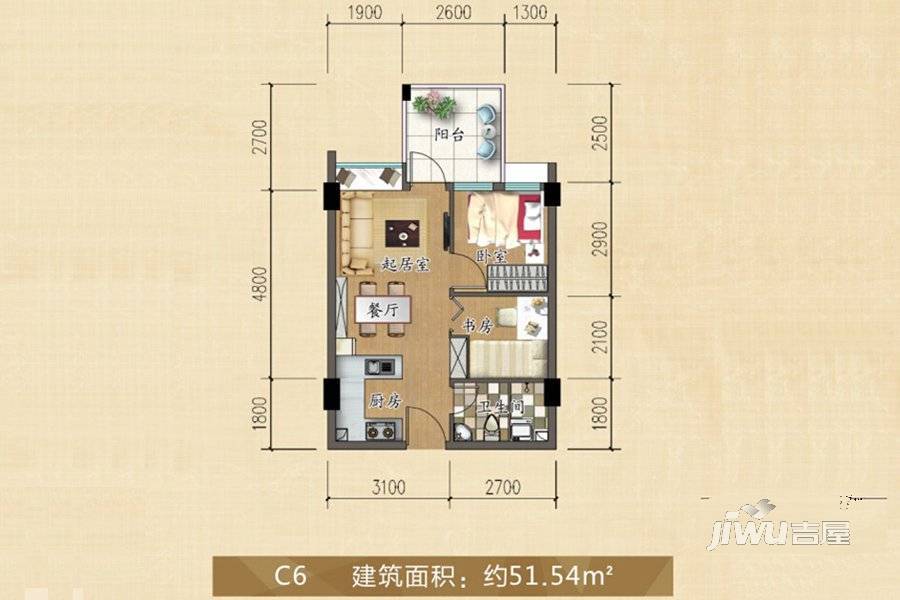 富丽居2室2厅1卫51.5㎡户型图