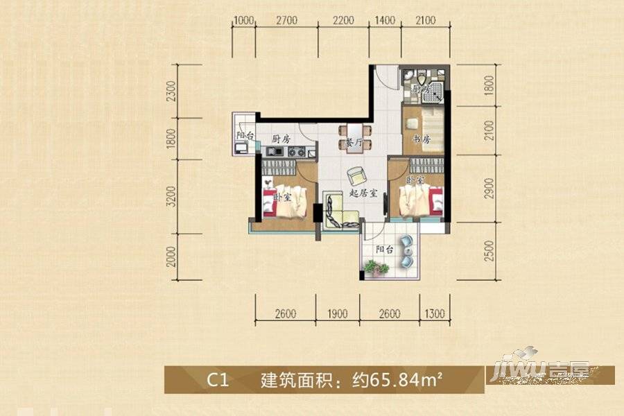 富丽居3室2厅1卫65.8㎡户型图