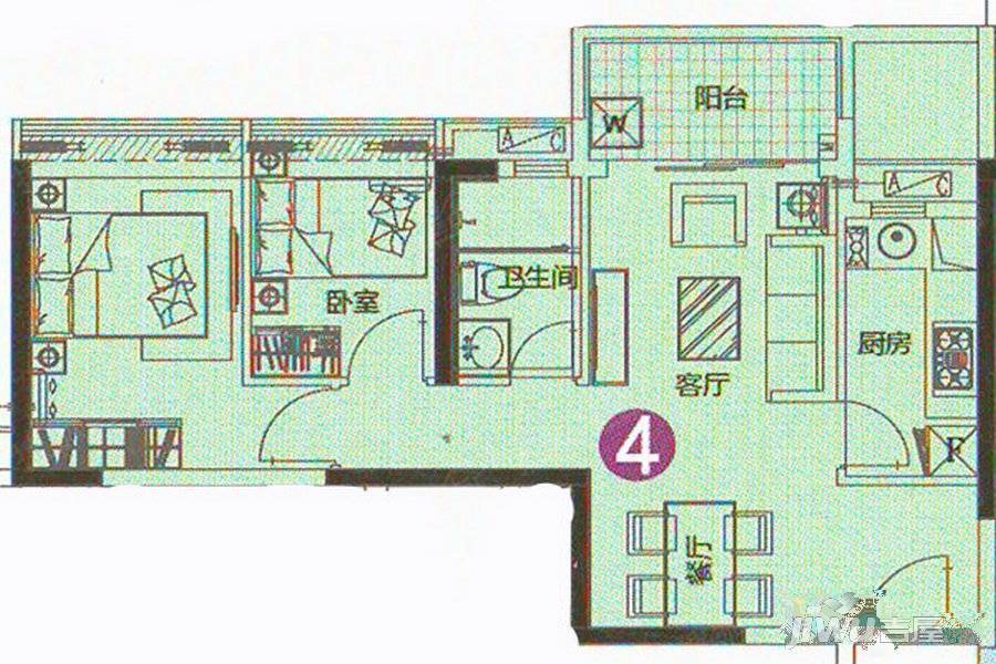 路劲隽悦豪庭2室2厅1卫68㎡户型图