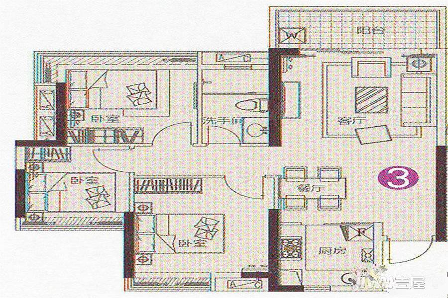 路劲隽悦豪庭3室2厅1卫88㎡户型图