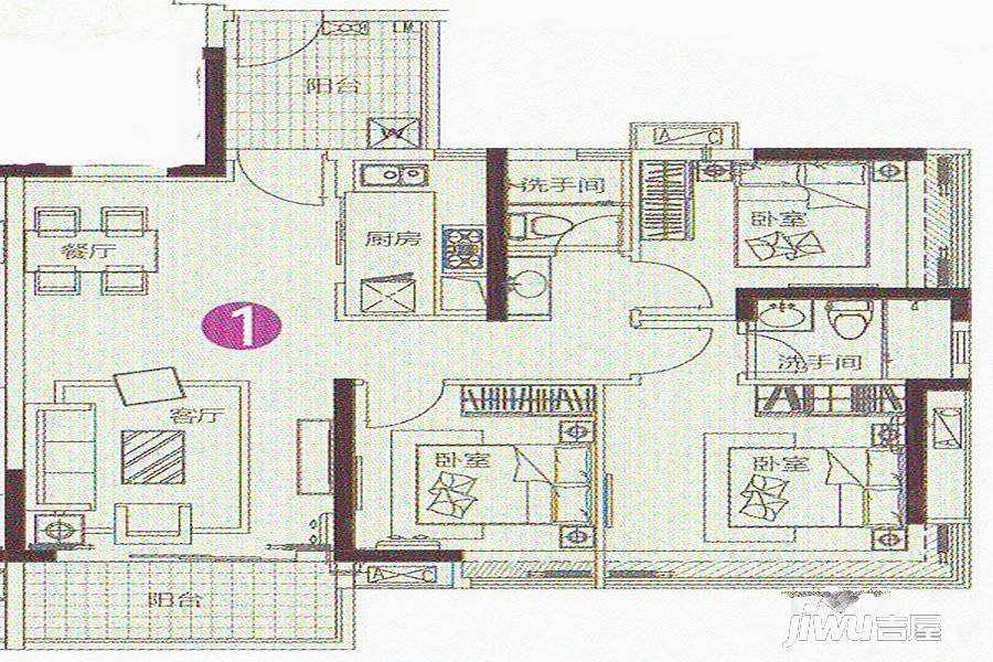 路劲隽悦豪庭3室2厅2卫104㎡户型图