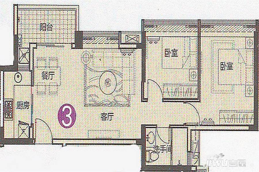 路劲隽悦豪庭2室2厅1卫80㎡户型图