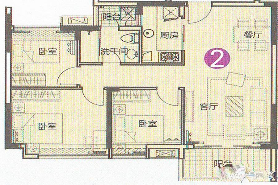 路劲隽悦豪庭3室2厅1卫89㎡户型图