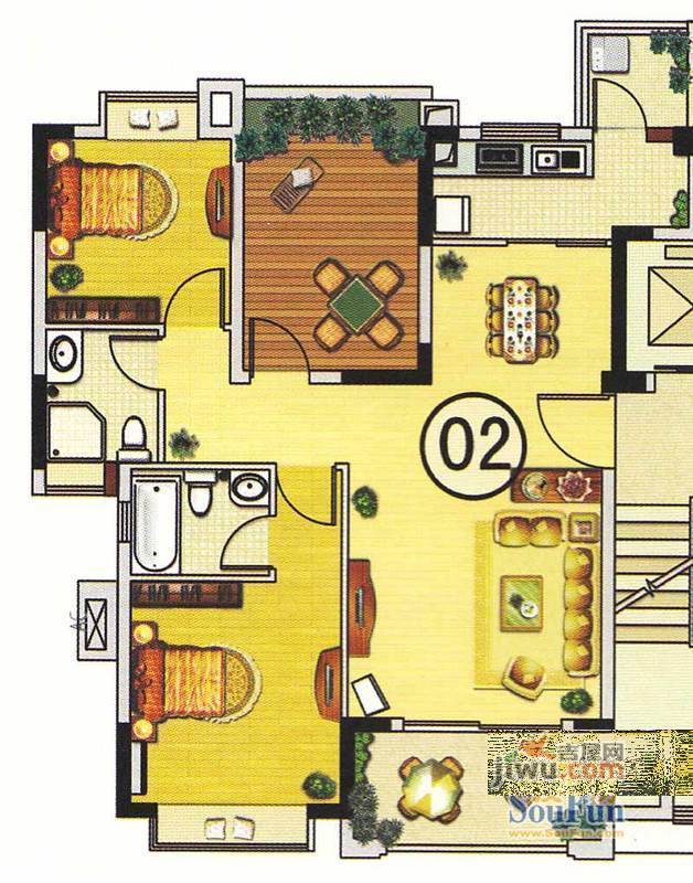 翰林国际2室2厅2卫96.5㎡户型图