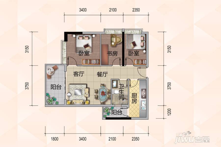 悦尚公馆3室2厅1卫85.5㎡户型图