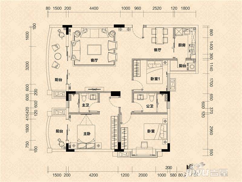 流溪半岛3室2厅2卫129㎡户型图