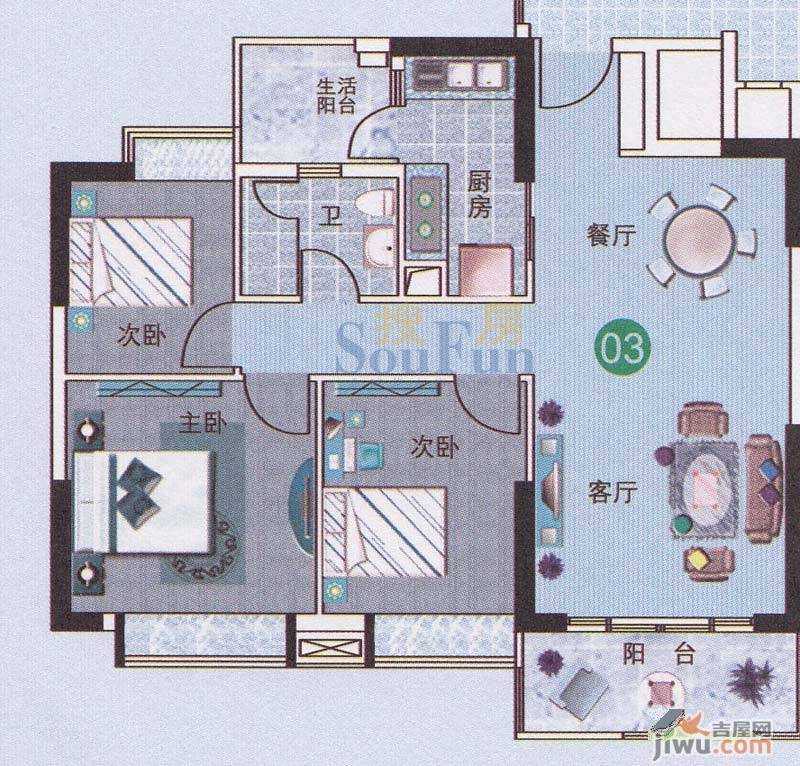 广州新塘新世界花园3室2厅1卫94.5㎡户型图