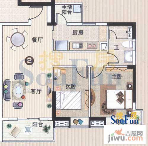 广州新塘新世界花园2室2厅1卫88.4㎡户型图