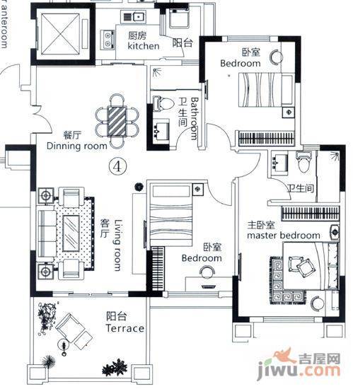 金海岸花园3室2厅2卫127.3㎡户型图