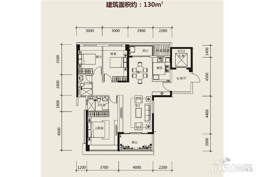 创基丽江国际3室2厅2卫130㎡户型图