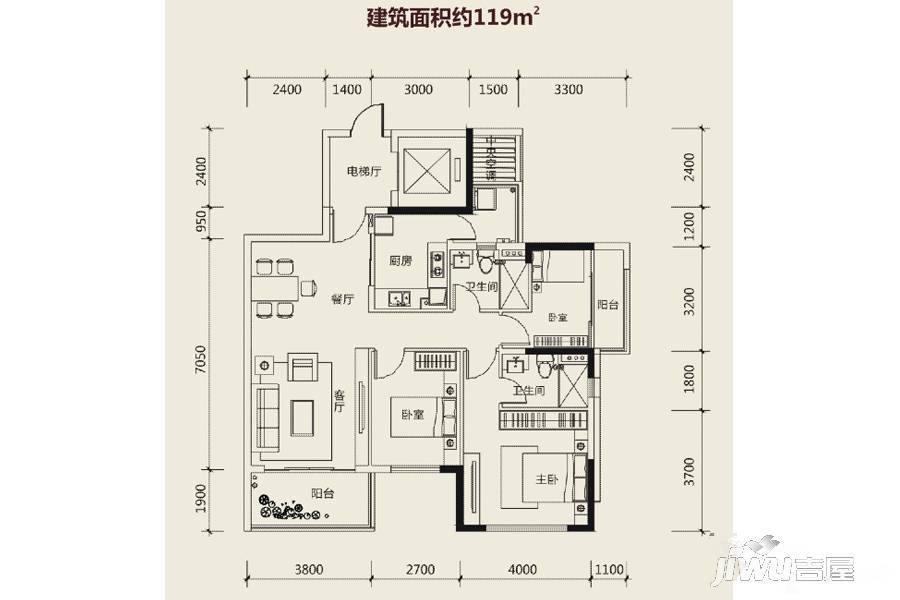 创基丽江国际3室2厅2卫119㎡户型图
