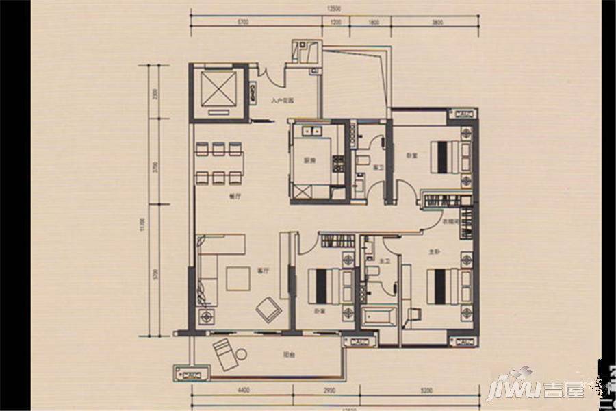 恒展江山时代3室2厅2卫108.9㎡户型图