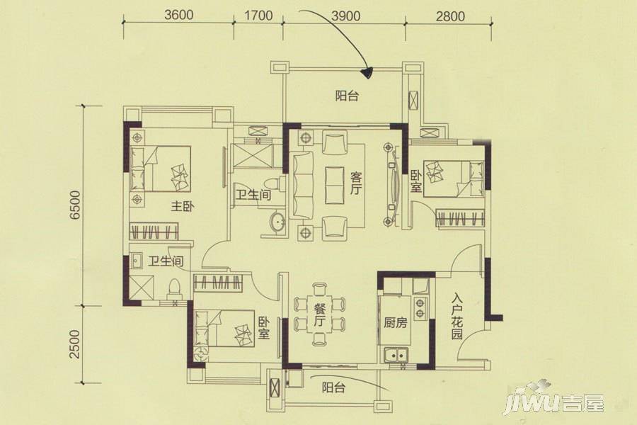 恒展江山时代3室2厅2卫108.9㎡户型图