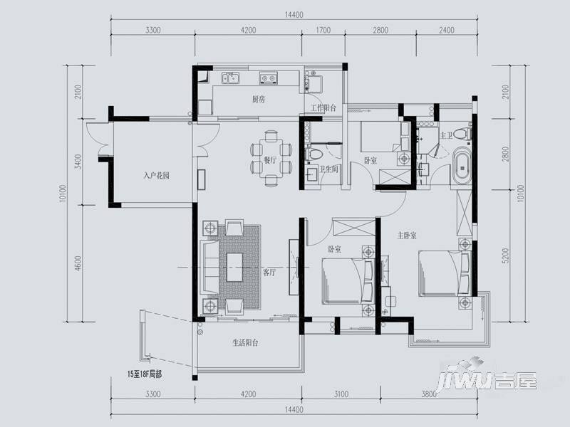 中惠璧珑湾3室2厅1卫142㎡户型图