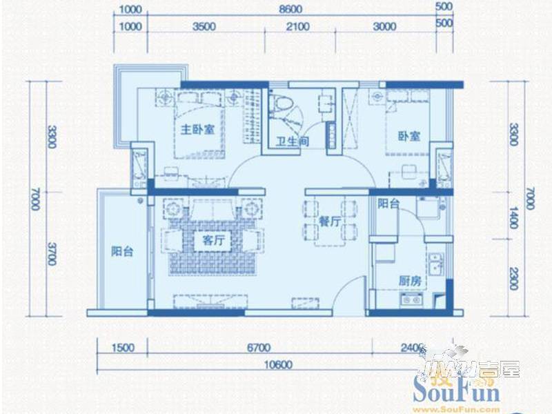 中惠璧珑湾2室2厅1卫77㎡户型图