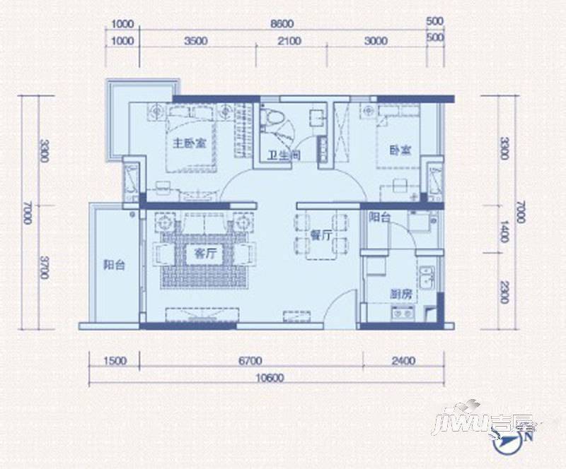 中惠璧珑湾2室2厅1卫77㎡户型图