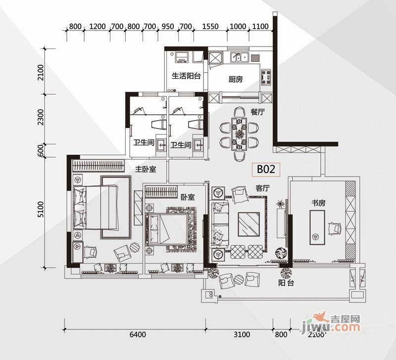 丰泰城市公馆3室2厅2卫123㎡户型图