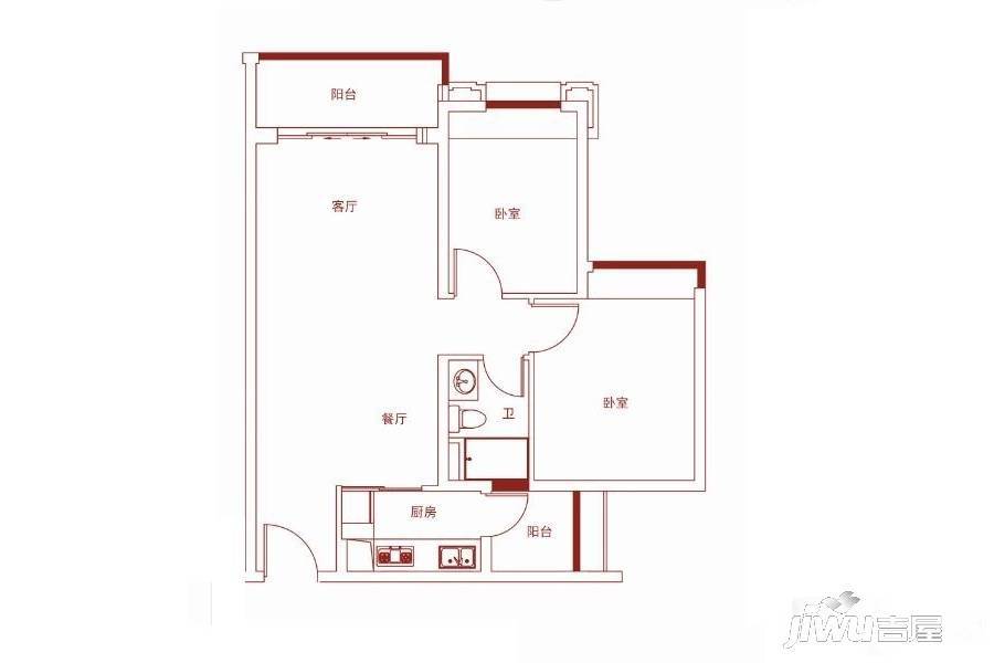 保利红馆2室2厅1卫77㎡户型图