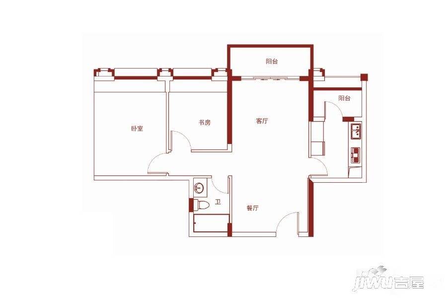 保利红馆2室2厅1卫80㎡户型图