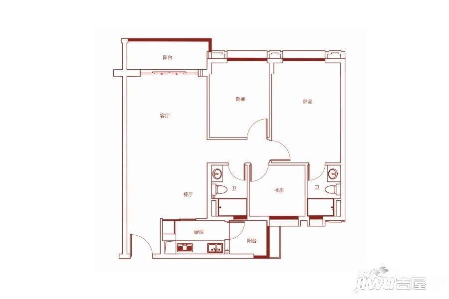 保利红馆3室2厅2卫96㎡户型图