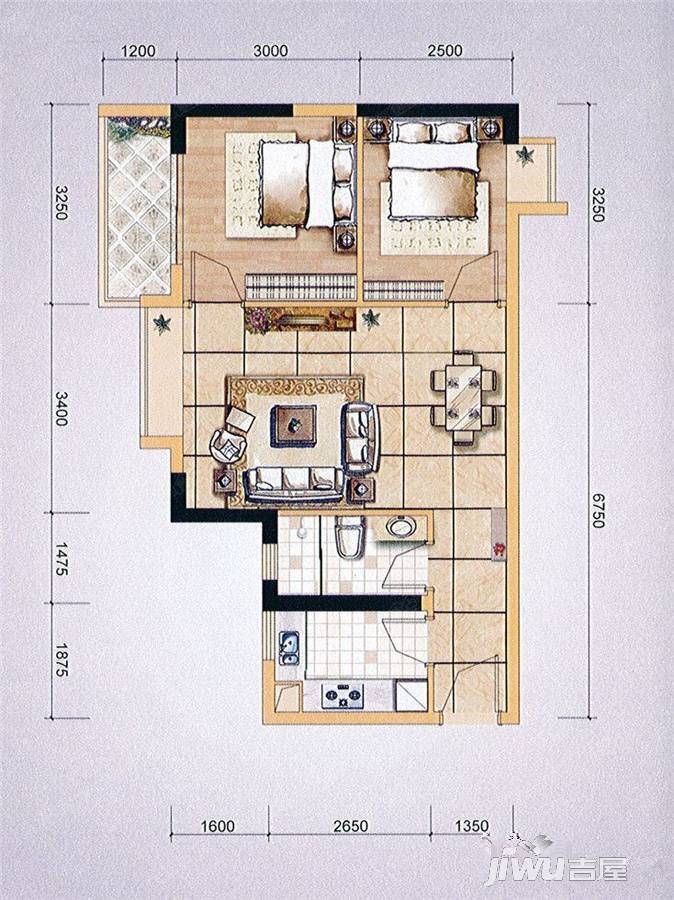 东山印象台2室2厅1卫66.4㎡户型图